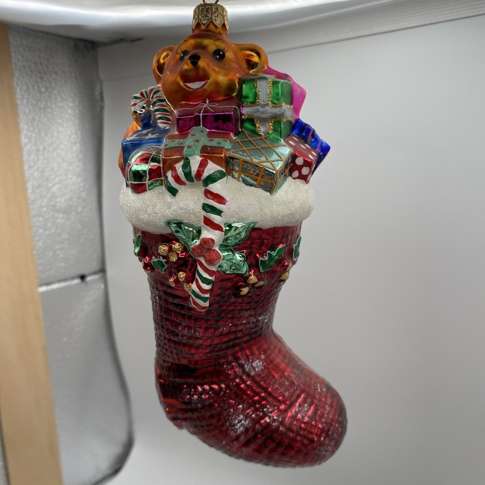 Radko Christmas Stocking Glass Ornament Red Teddy Bear Horn Gifts - Picture 2 of 16